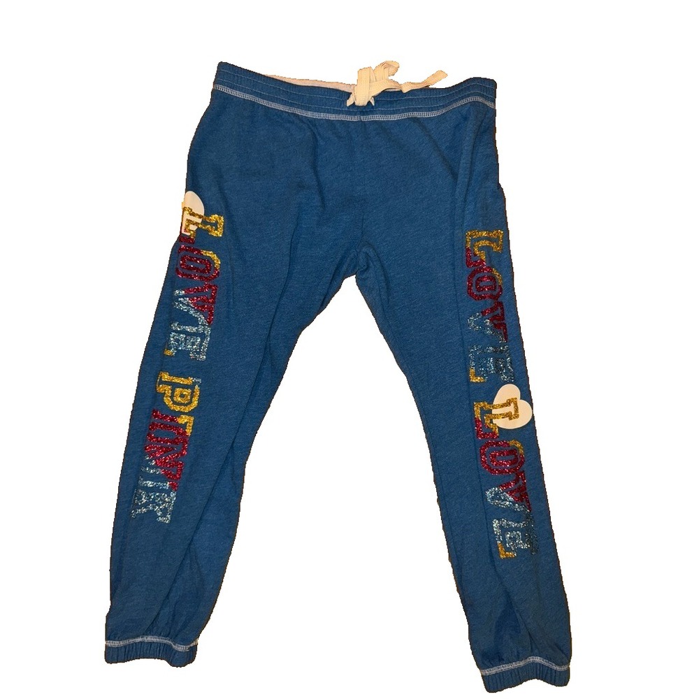 Vintage VS PINK Sequin Sweatpants M Blue LOVE PINK Drawstring Y2K Lounge Pants